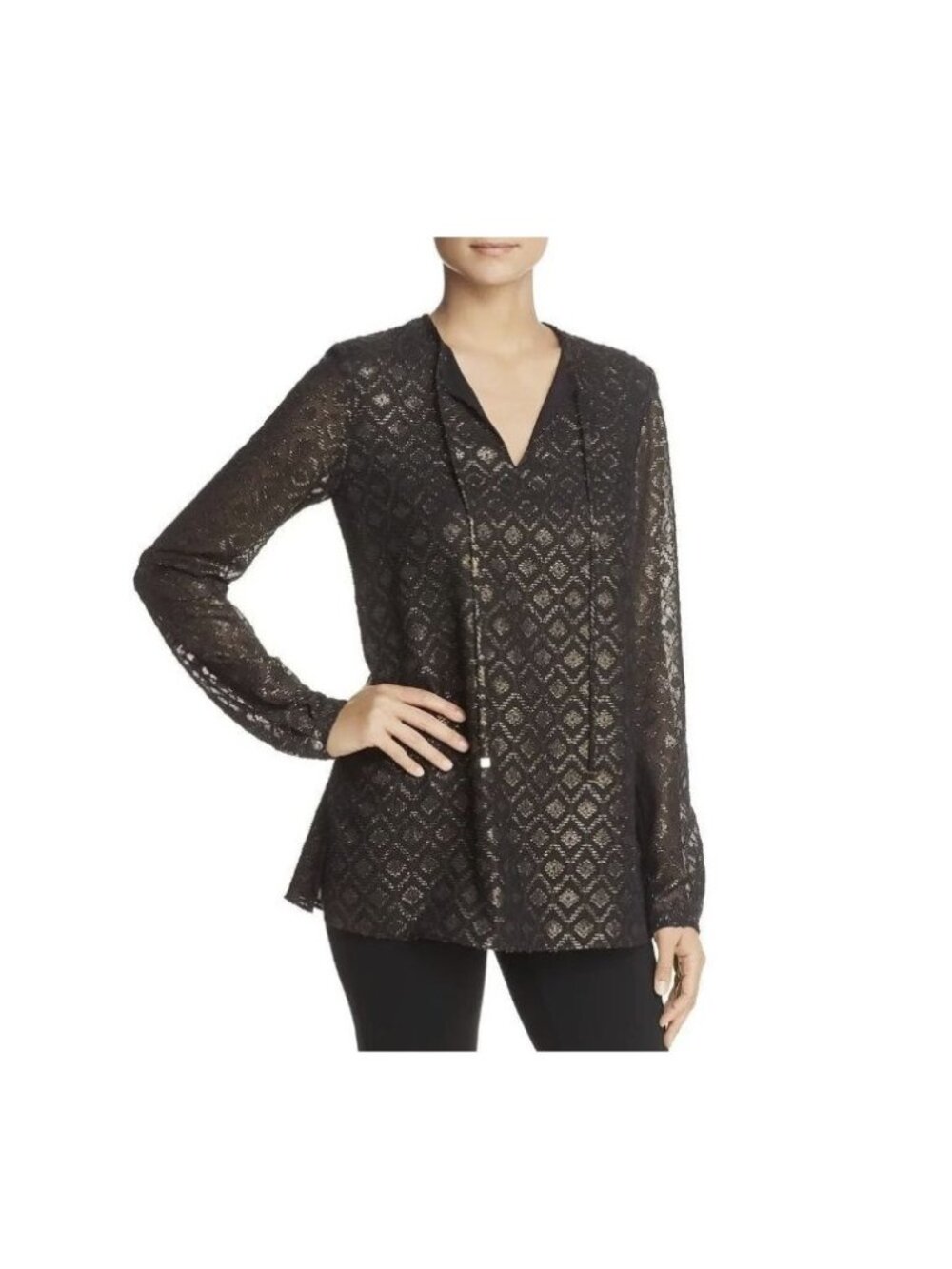 Lafayette 148 Eli Metallic Black Gold Jacquard Blouse Sz M Front Tie Long Sleeve